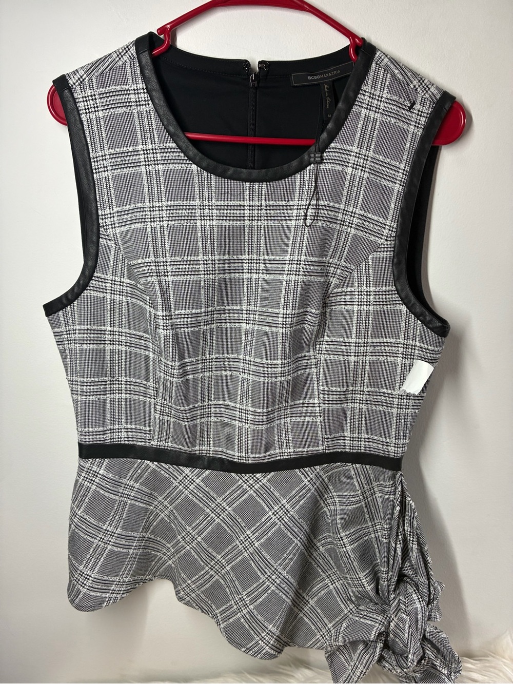 BCBG Gray and Black Plaid Peplum Shell